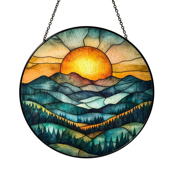 Ocean Wave Inspired Mountain Sunset Stained Glass Suncatcher Round Window Hanging Artistic Decor