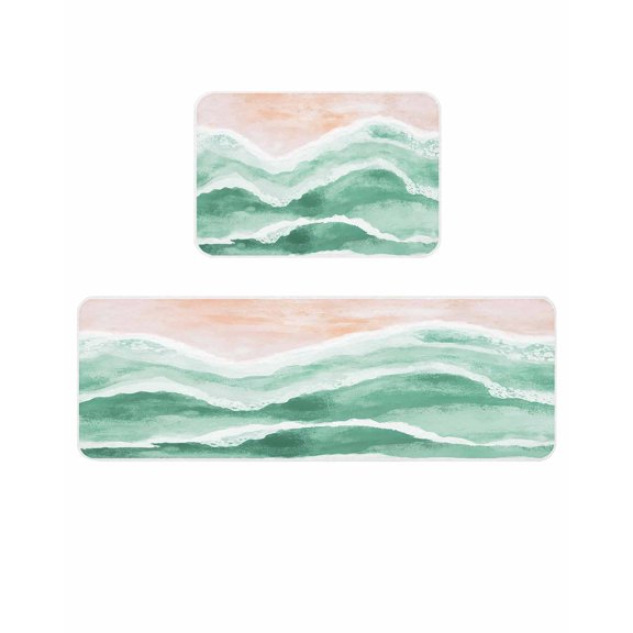 Ocean Wave Kitchen Mats for Floor 2 Piece, Sage Green Gradient Beach Boho Absorbent Non-Slip Kitchen Rugs Comfort Standing Mat for Laundry, Hallways 15.7"x23.6"+15.7"x47.2"