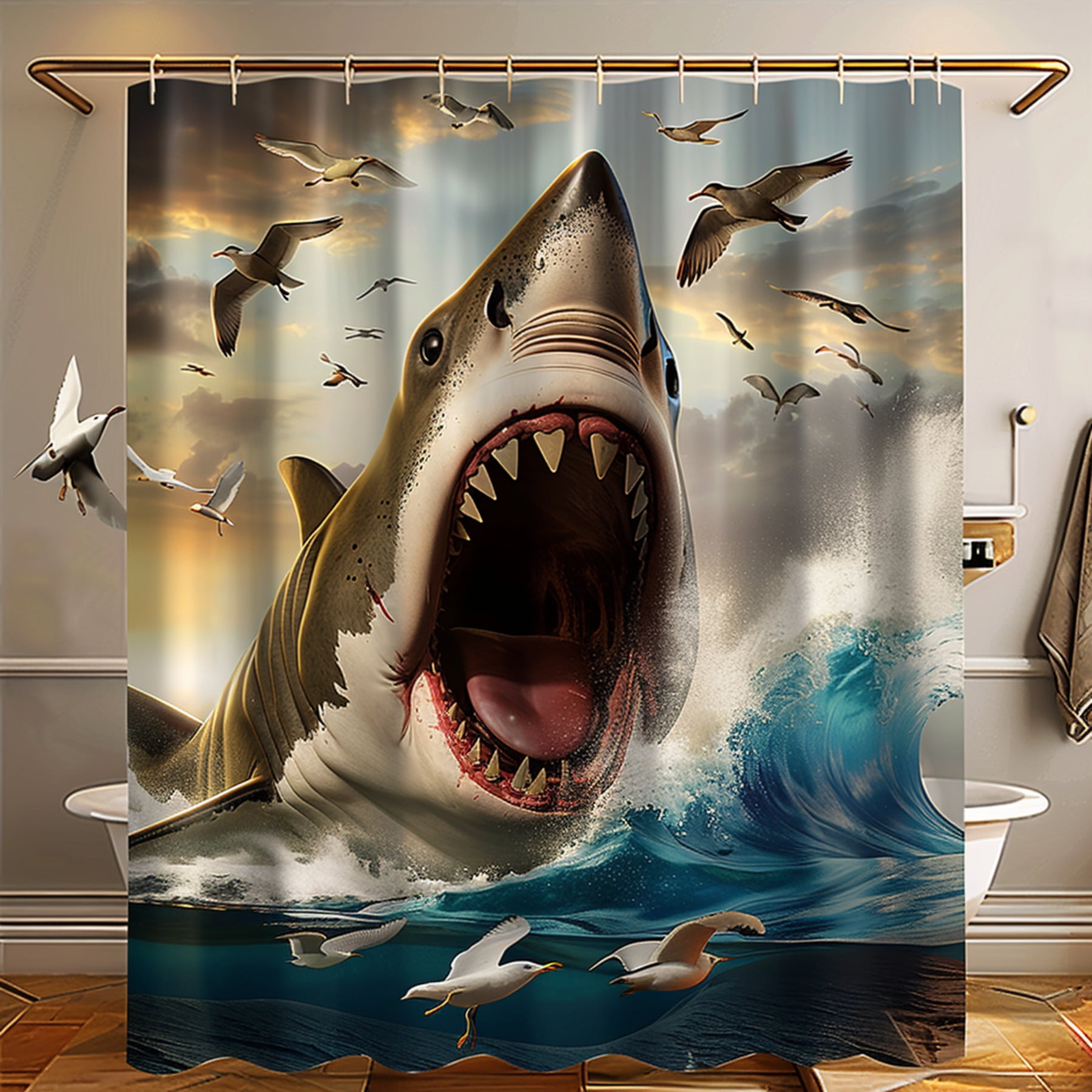 Ocean Wave Lion Shark Monster Shower Curtain with Seagulls Cartoon ...