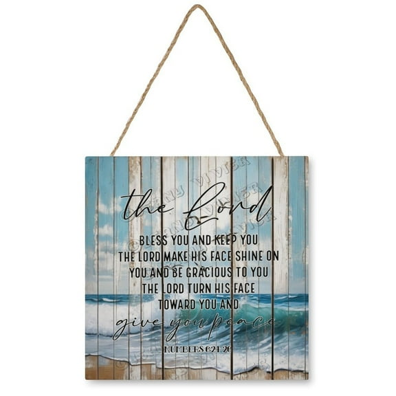 Ocean Wave The Lord Bless You And Keep You Wall Art Wooden Hanging Signs Beach Decor Rustic Farmhouse Decor for Bedroom Bathroom Kitchen Wall Decorations Bar Interior Decor 12"x12"