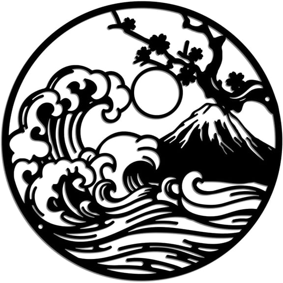 Ocean Wave Mountain Sun Wall Art Decor Nature Landscape Wall Silhouette Sculpture Signs Mountain Tree Wall Art Plaque Home Decor for Home Balcony Garden Courtyard Living Room 11.8x11.8 Inch Black