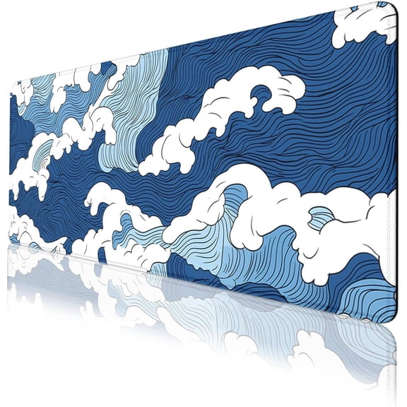 Ocean Wave Mouse Pad Japanese Blue White Sea Surf Large Desk Mat Extended Large Laptop Keyboard Non-Slip Rubber Base with Stitched Edges for Home 31.5 x 11.8 Desk Home Office Gaming