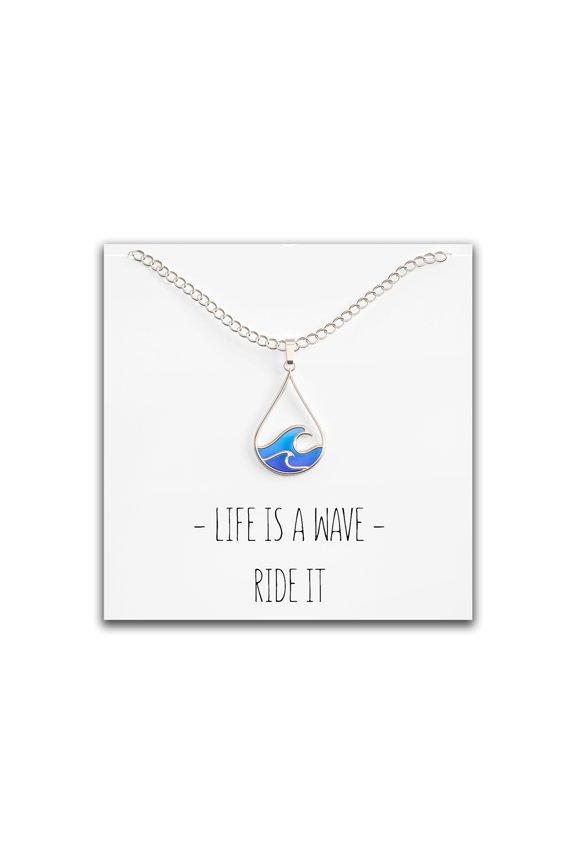 Ocean Wave Necklace – Cute Drop Shape Pendant for Surfer, Sea Lover, Hawaiian or Beach Enthusiast - Blue Wave Jewelry is a Great Gift for Any Woman