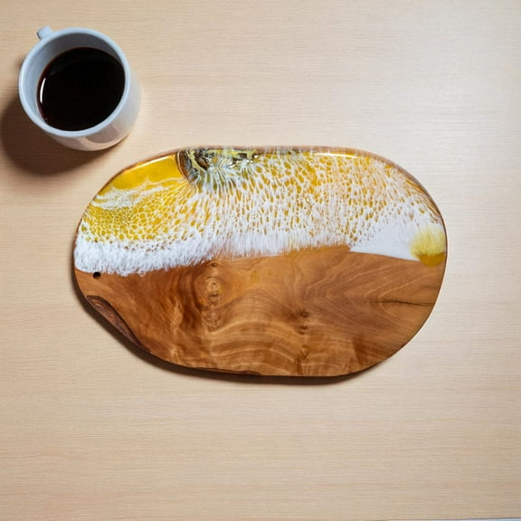 Yellow Handcrafted Ocean Wave Olive Wood Charcuterie Board - Serving Platter