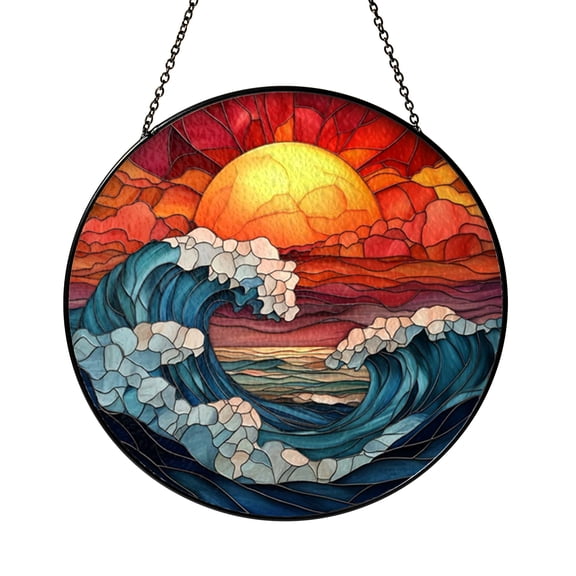 Ocean Wave Pattern Stained Glass Style Wall Art, Coastal Mosaic Decor with Flowing Sea Movement Design