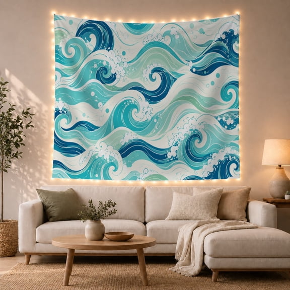 Ocean Wave Pattern with Swirling Sea Foam, Calming Coastal Style for Ocean Lovers, Coastal Wall Decor, Housewarming Gift, Tapestry Wall Hanging for Bedroom and Living Room