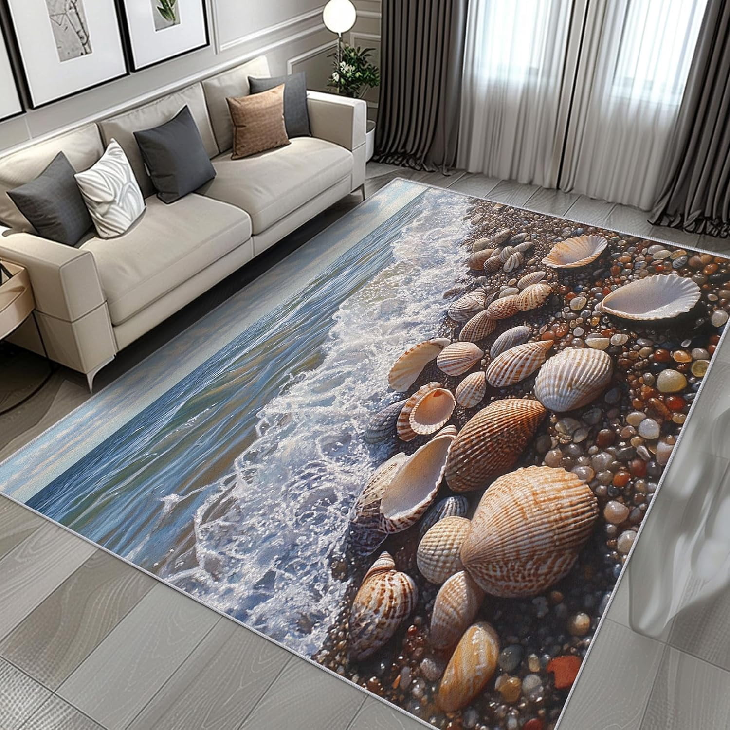 Ocean Wave Pebble Shell Area Rugs, Natural Beach Coastal Carpet ...