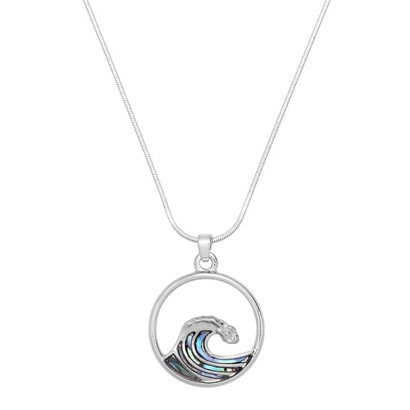 Ocean Wave Pendant Necklace Earring Abalone Shell Rhodium Plated 17 Inch Snake Chain J1049
