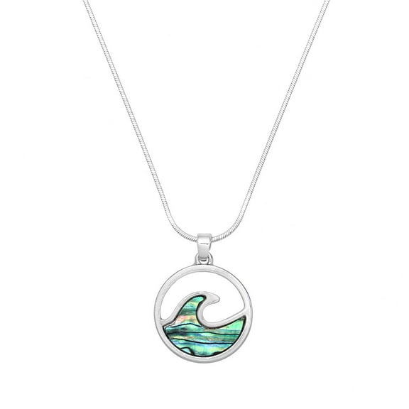 Ocean Wave Pendant Necklace Earring Abalone Shell Rhodium Plated 17 Inch Snake Chain J1050