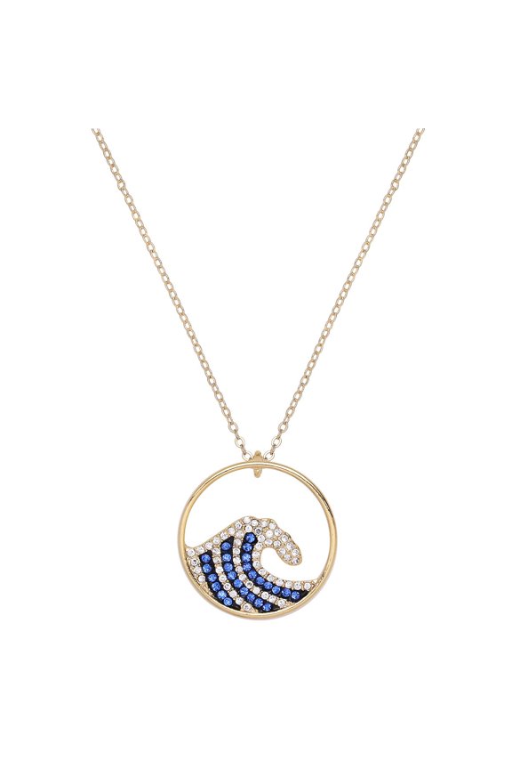 Ocean Wave Pendant Necklace Rhinestone Crystal Gold Plated 17 Inch Link Chain J1075