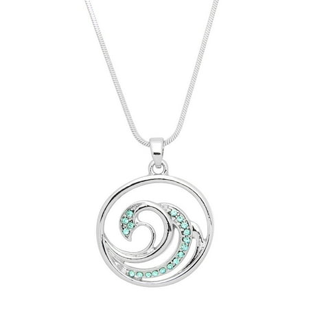 Ocean Wave Pendant Necklace Rhinestone Crystal Rhodium Plated 17 Inch Snake Chain J0666