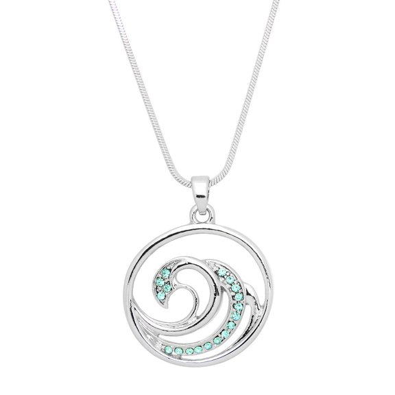 Ocean Wave Pendant Necklace Rhinestone Crystal Rhodium Plated 17 Inch Snake Chain J0666