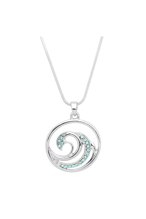 Ocean Wave Pendant Necklace Rhinestone Crystal Rhodium Plated 17 Inch Snake Chain J0666