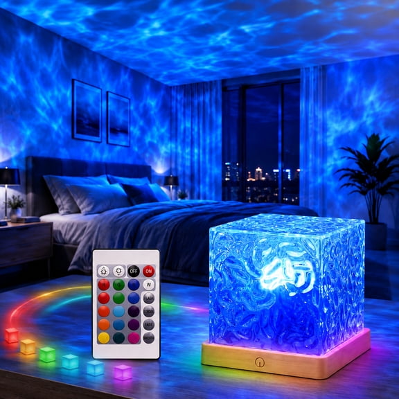 Ocean Wave Projector Light, 16-Color LED Cube Shower Lamp with Remote, 3D Water Ripple Projection, Romantic Ambient LED for Kids Room, Relaxation, Bedroom, Bathroom & Night Light