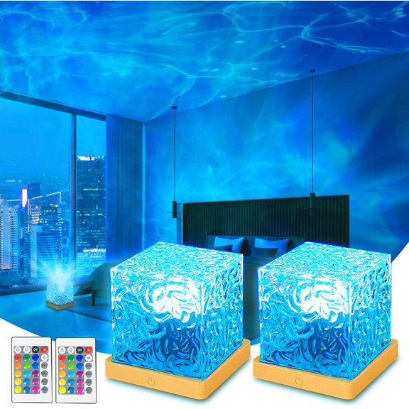 Ocean Wave Projector Light, 16 Colors Luminorthe Cube Lamp, 3D Holographic Water Ripple Lamp with Remote Control, Night Light for Bedroom, Home, Party Mood Lighting (2 Pack)