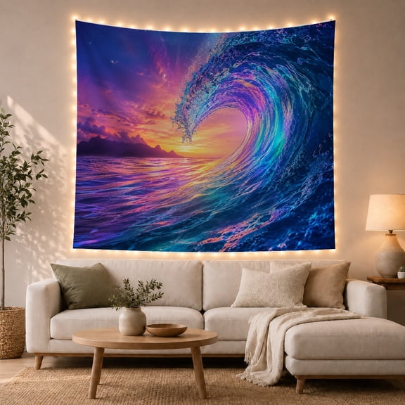 Ocean Wave Against a Purple Sunset, Dreamy Psychedelic Art for Beach Lovers, Colorful Seascape Decor, Housewarming Gift, Tapestry Wall Hanging for Bedroom and Studio