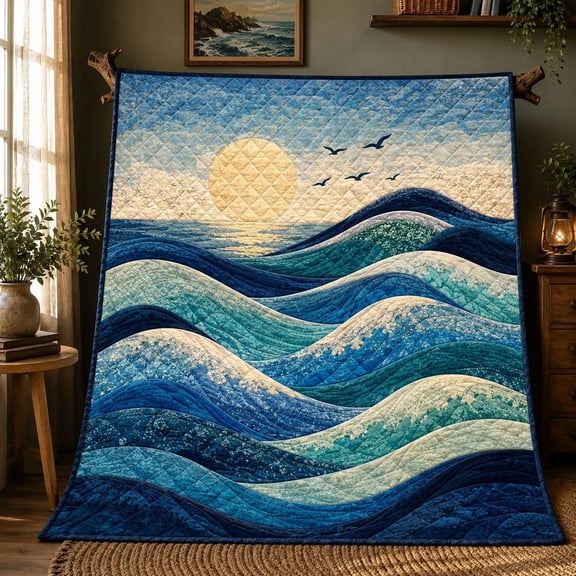 Ocean Wave Quilt Blanket, Coastal Sunset Throw, Blue Beach House Bedding, Nautical Sea Lover Decor Gift