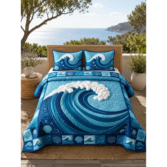 Ocean Wave Quilted 3-Piece Bedding Set – Coastal Inspired Quilted Bedding With Matching Pillow Shams