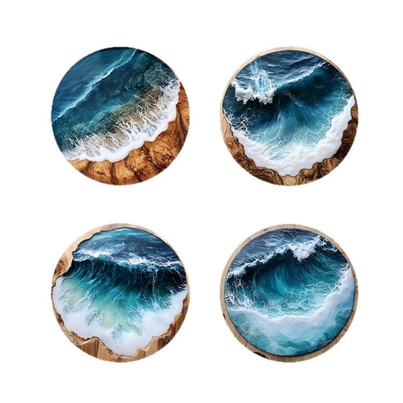 Ocean Wave Resin & Wood Coasters (Set of 4), Heat-Resistant Non-Slip, 3.94in, Natural Wood, for Coastal Decor & Gift