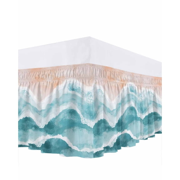 Ocean Wave Ruffle Bed Skirt Queen Size Teal Gradient Adjustable Elastic Dust Bed Skirts Wrap Around Bedskirt Wrinkle Free Easy Fit with 16 Inch Drop