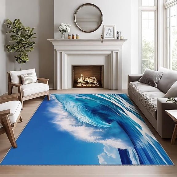 Ocean Wave Rugs for Bedroom, Beach Theme Living Room Rug, Coastal Sea Wave Rug for Bedroom, Nautical Surfing Washable Carpet, Tropical Blue Ocean Home Decor & Gifts 1x2ft