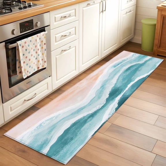 Ocean Wave Runner Rug for Hallway 2x6ft, Teal Gradient Beach Boho Non Slip Floor Mat Washable Low-Profile Indoor Carpet for Living Room, Bedroom, Dining Room