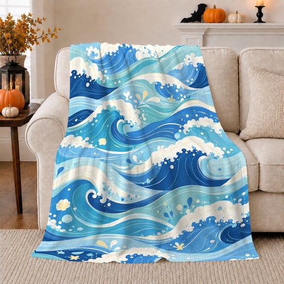Ocean Wave Scene Blue Waves And Foam Dramatic Coastal Art Ocean Lovers Dynamic Blue Seascape Warm Flannel Blanket, Housewarming Gift for Beach House and Guest Room Home Decor