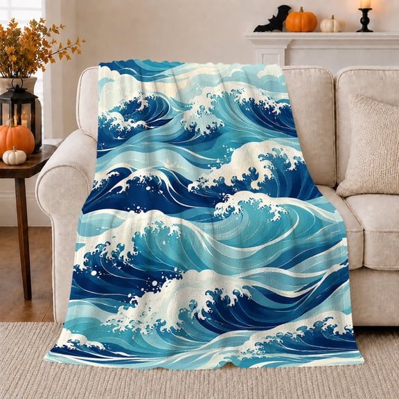 Ocean Wave Scene Blue Waves And Foam Dramatic Coastal Art Ocean Lovers Dynamic Blue Seascape Warm Flannel Blanket, Housewarming Gift for Beach House and Guest Room Home Decor
