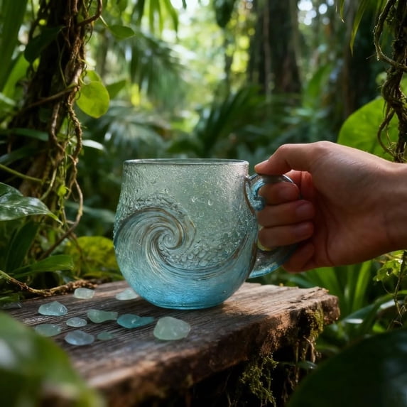 Wave Sea Glass Mug 12oz, Handcrafted Beach Theme Glass Coffee Cup, Unique Textured Drinkware for Tea Wine, Gift Idea for and Nature Lovers, 【Glass】, by FAJHHA