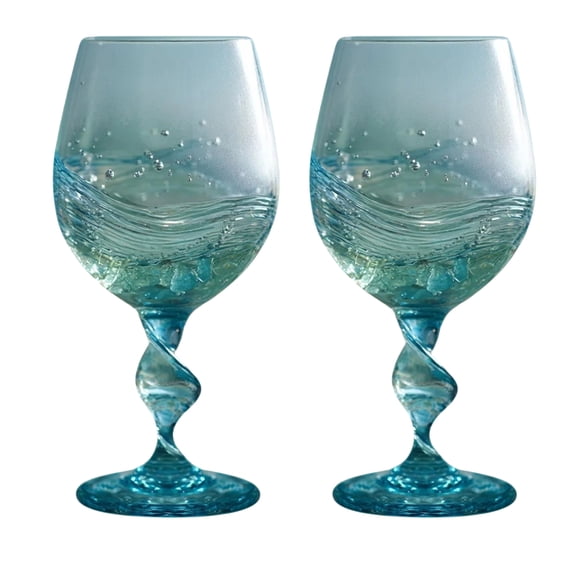 Ocean Wave Sea Glass Wine Glasses Set of 2 - Handblown Frosted Cocktail Cups with Twisted Stem, Inspired by Beach & Coastal Home Decor