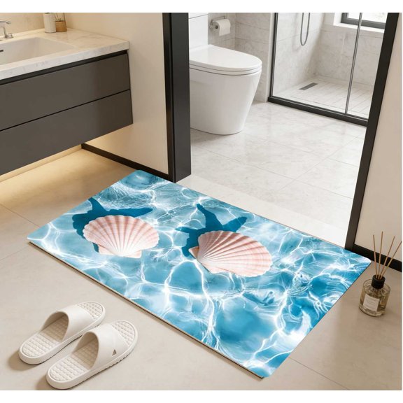 Ocean Wave & Seashell Floor Mat - Water Absorbent, Non-Slip, Wear Resistant Ocean Style Rug for Bathroom, 1 Piece 40x60cm