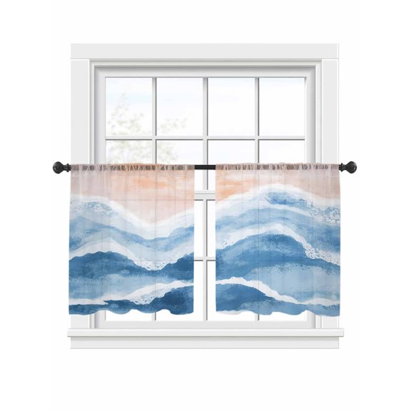 Ocean Wave Sheer Curtains 54 Inch Long 2 Panels, Lake Blue Gradient Beach Boho Light Filtering Rod Pocket Curtains, Sheer Voile Drapes for Living Room Bedroom, 52"x54"