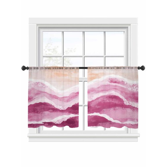 Ocean Wave Sheer Curtains 54 Inch Long 2 Panels, Pink Gradient Beach Boho Light Filtering Rod Pocket Curtains, Sheer Voile Drapes for Living Room Bedroom, 52"x54"