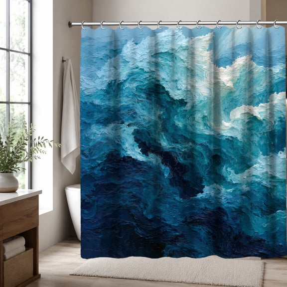 Ocean Wave Shower Curtain, Abstract Blue Water Splash Bathroom Curtain with Modern Coastal Sea Design, Waterproof Fabric Shower Decor, 70.87 x 70.87 Inch