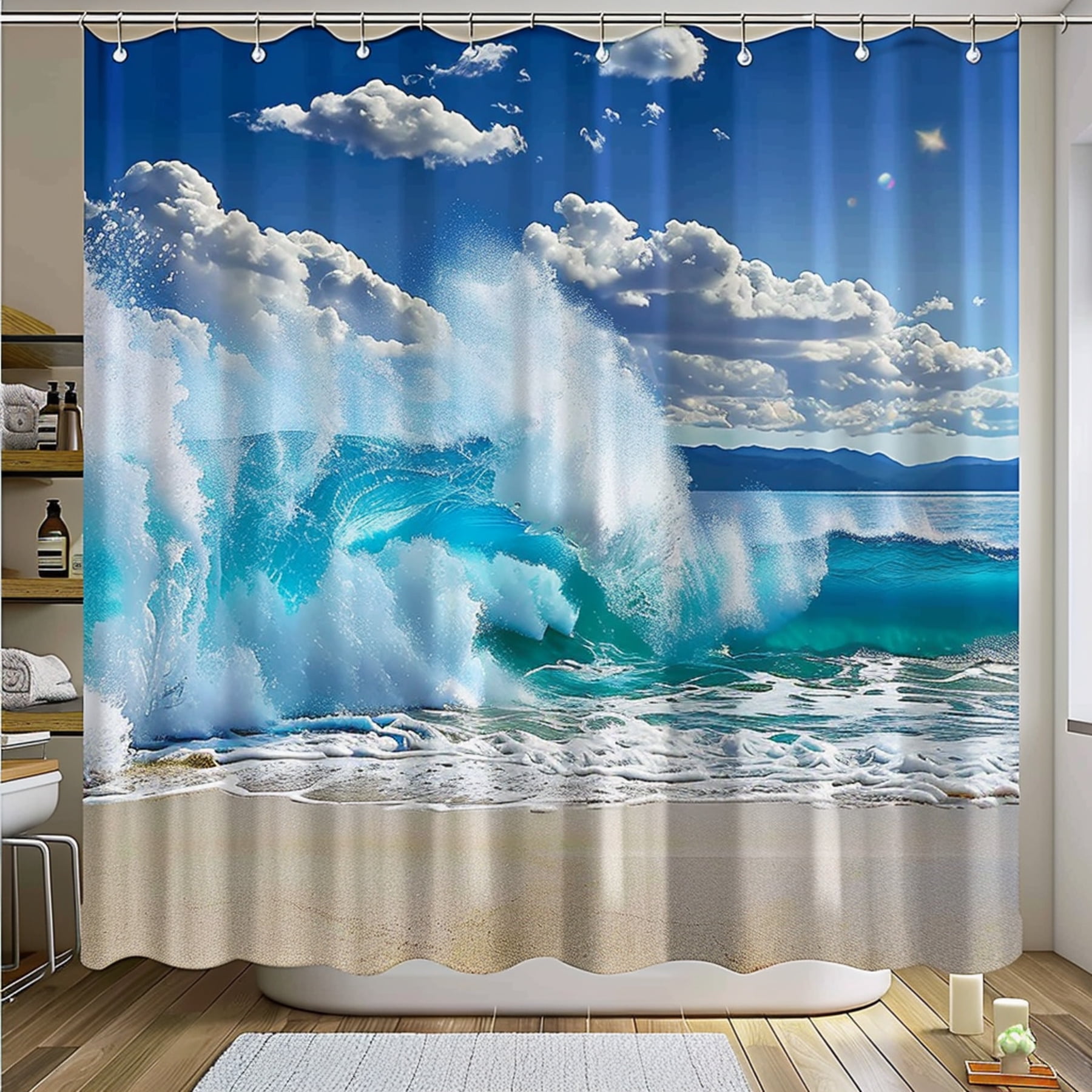 Ocean Wave Shower Curtain Beach Scene with Blue Sky White Sand and Sea