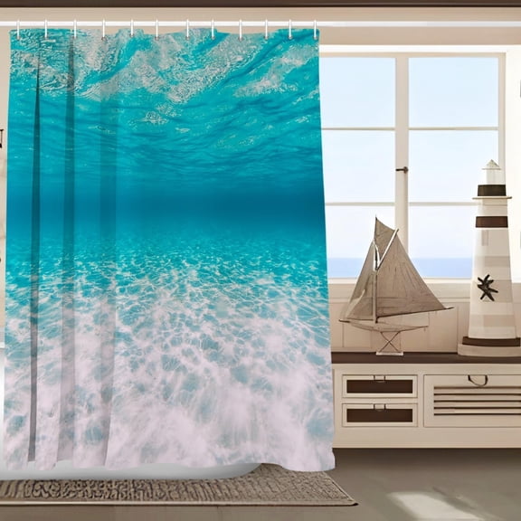 Ocean Wave Shower Curtain, Blue Ocean Waves Blue Ripple, Seascape Bright Sunshine Through Deep Blue Sea View Polyester Cloth Print Bathroom Curtains Include Hooks Sets 36"W x 72"L (Pack of 1)