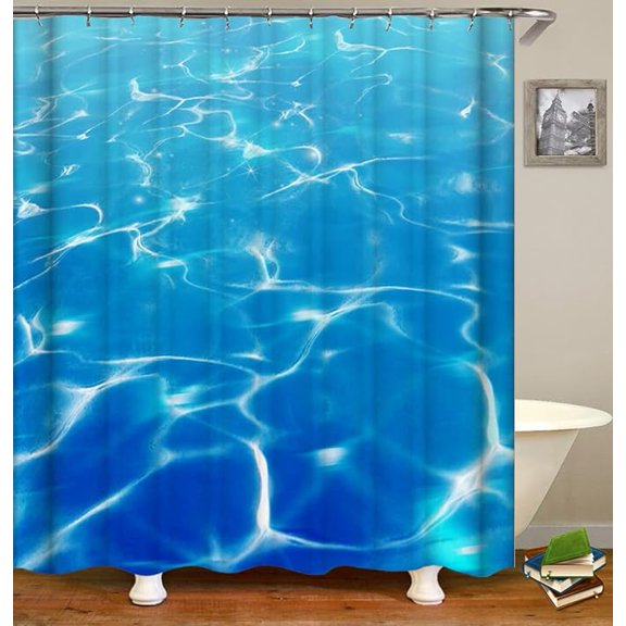 Ocean Wave Shower Curtain, Blue Ocean Waves Blue Ripple, Seascape Bright Sunshine Through Deep Blue Sea View Polyester Cloth Print Bathroom Curtains Include Hooks Sets 72"W x 72"L