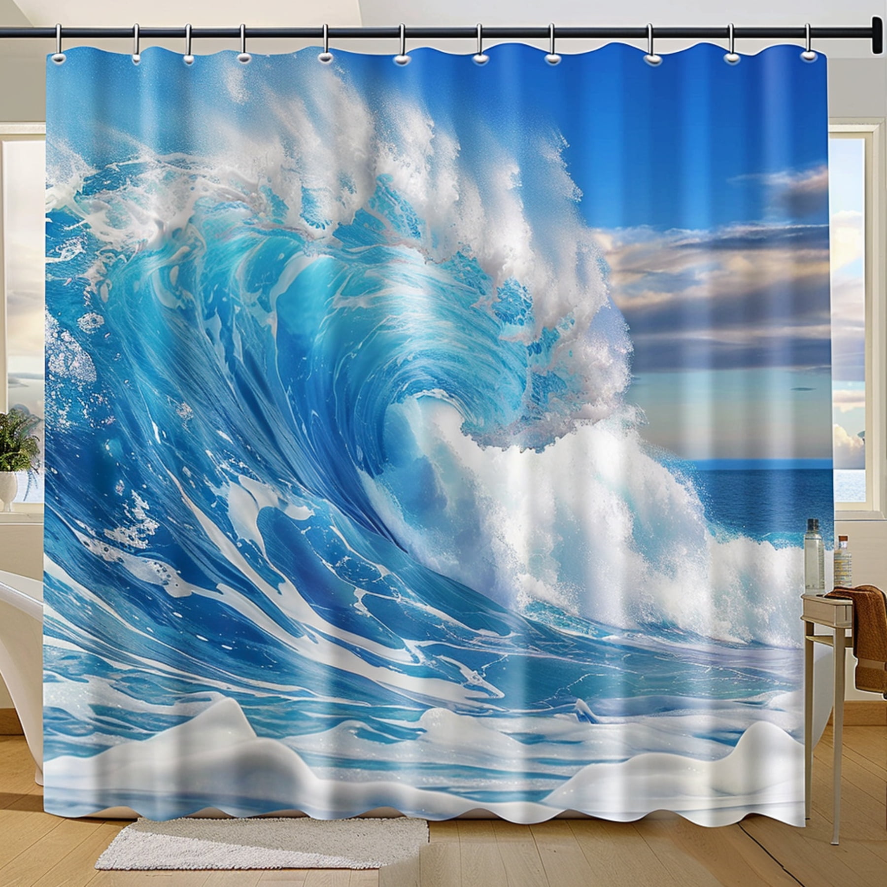 Ocean Wave Shower Curtain Blue Wave Design with White Foam Sky