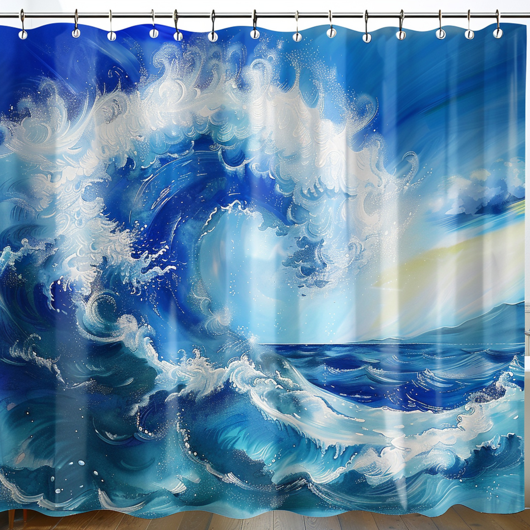 Ocean Wave Shower Curtain Blue and White Abstract Stormy Seas Design