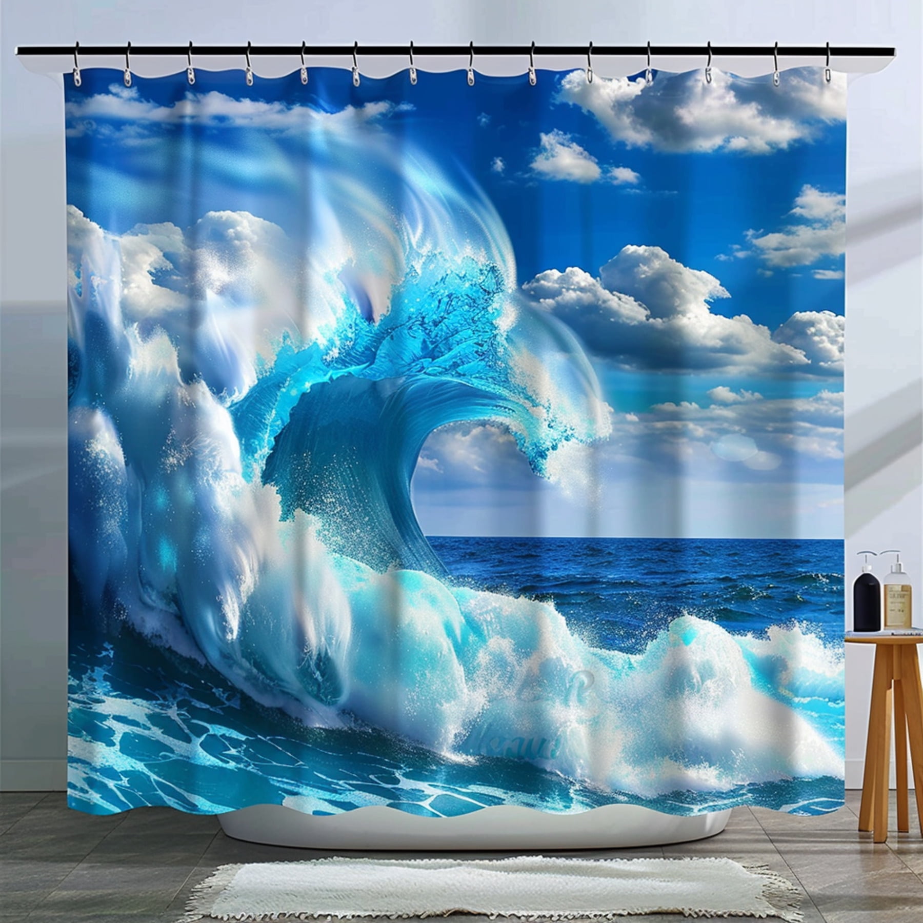 Ocean Wave Shower Curtain Coastal Bathroom Decor with Blue Sky and