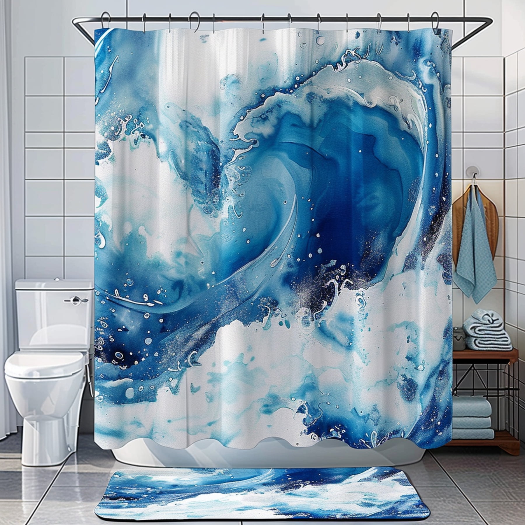 Ocean Wave Shower Curtain Set Blue and White Design Abstract Watercolor