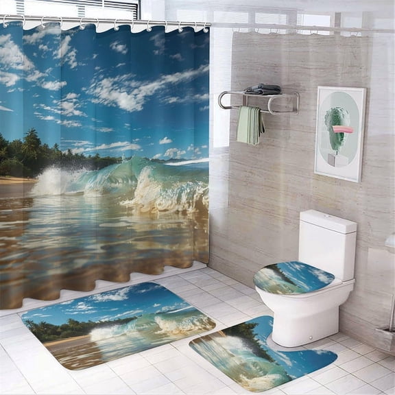 Ocean Wave Shower Curtain Set Tropical Beach Seascape Palm Tree Coastal Bathroom Decor Summer Surfing 4Pcs