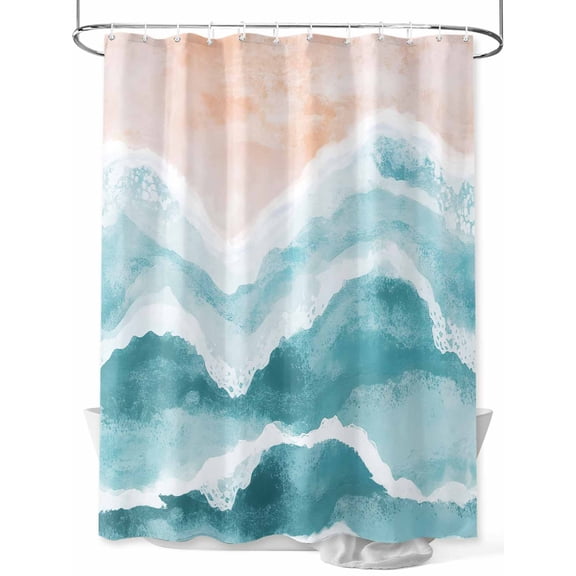 Ocean Wave Shower Curtain, Teal Gradient Beach Boho Waterproof Shower Curtain Set with 12 Hooks Lightweight Washable Fabric Shower Curtains for Bathroom 60x72 Inches