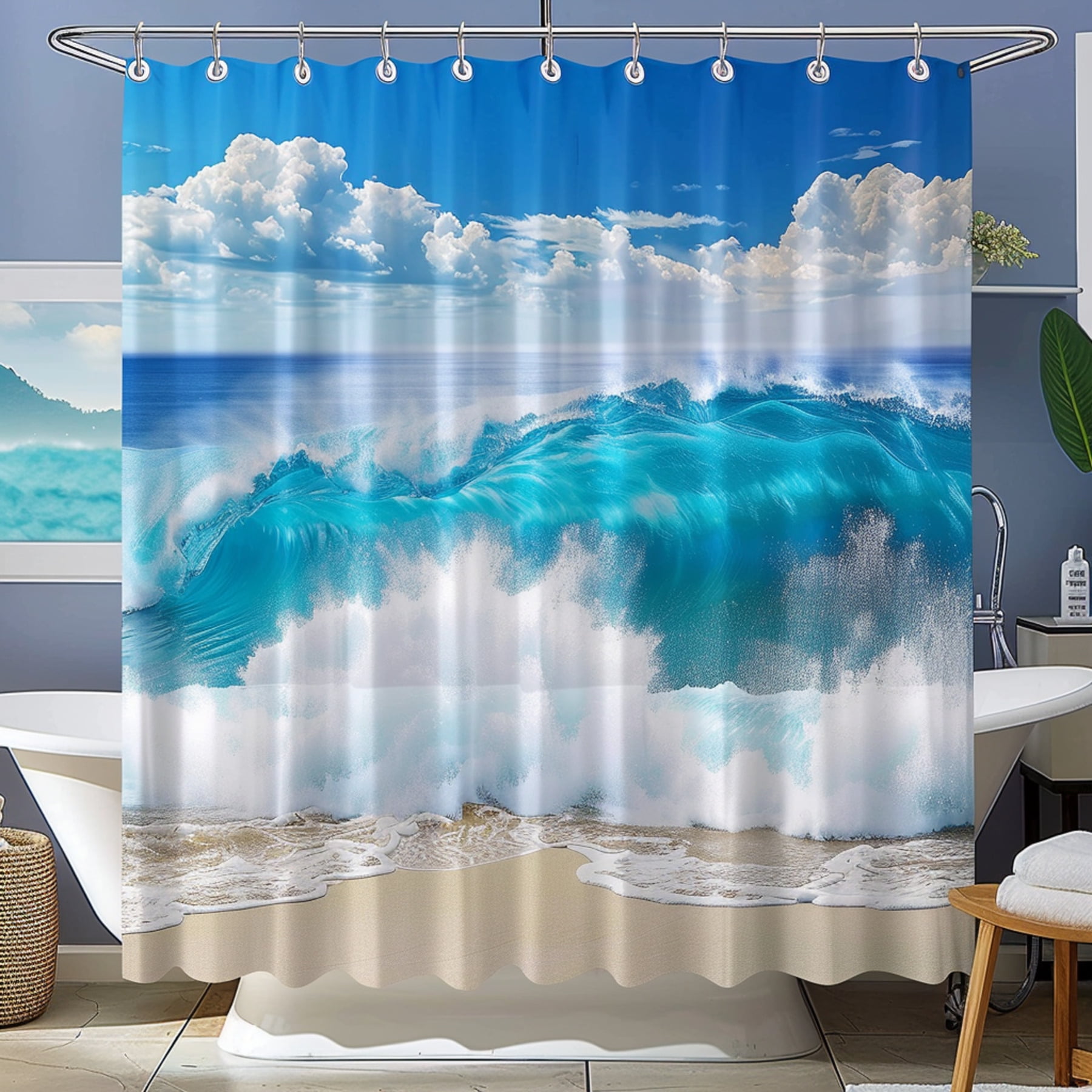 Ocean Wave Shower Curtain with Clouds and White Sand Beach Design