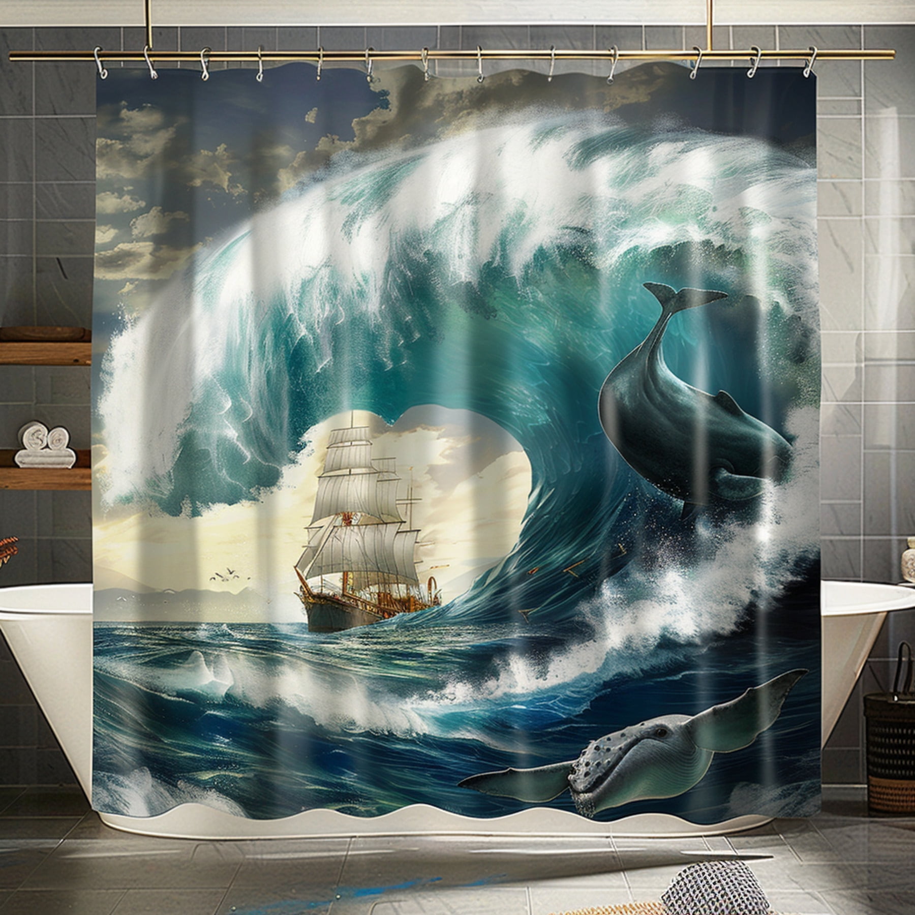 Ocean Wave Shower Curtain with Ship and Whale Ultra Realistic Bathroom