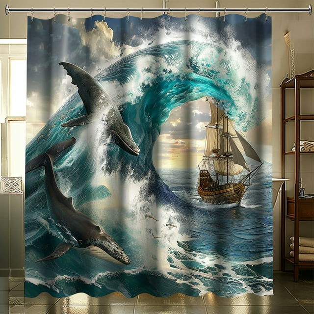 Ocean Wave Shower Curtain with Ship and Whale Ultra Realistic Bathroom