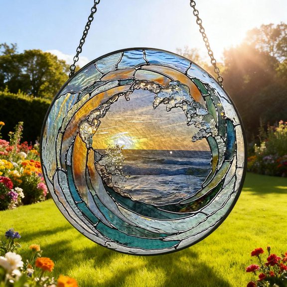 Ocean Wave Stained Glass Suncatcher Coastal Beach House Decor Window Hanging