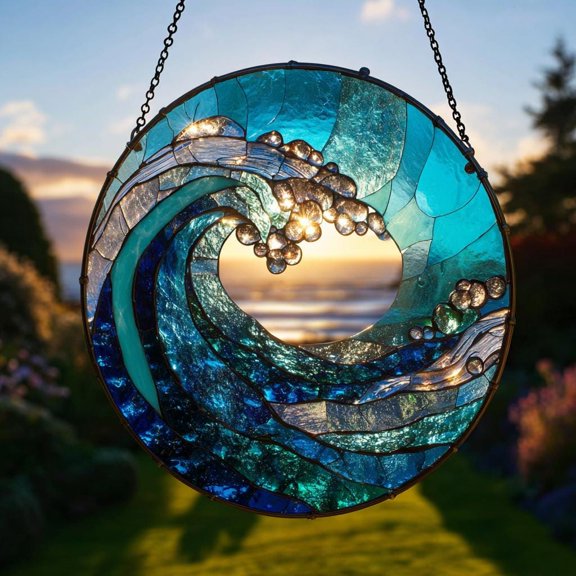 Ocean Wave Stained Glass Suncatcher, Heart Wave Coastal Window Hanging, Beach House Decor
