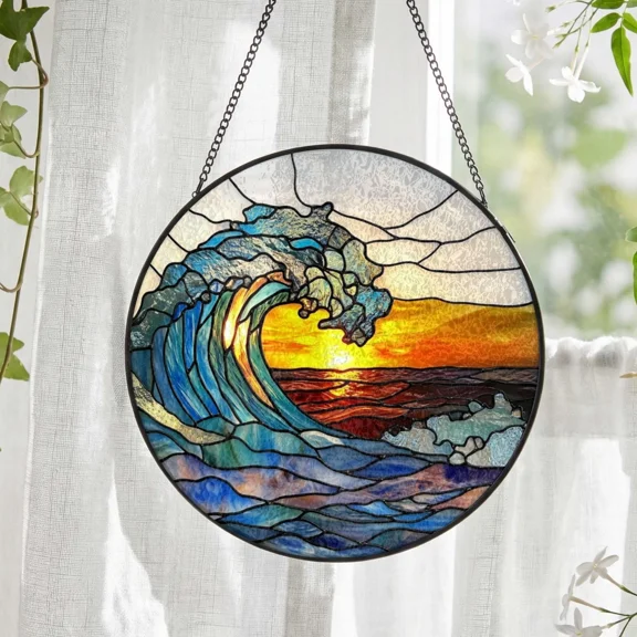 Ocean Wave Stained Glass Suncatcher Window Hanging Home Decor Beach House