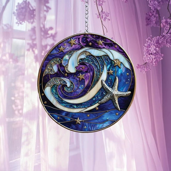 Ocean Wave Stained Glass Suncatcher fullxfull Coastal Window Hanging with Starfish & Sea Swirl Design